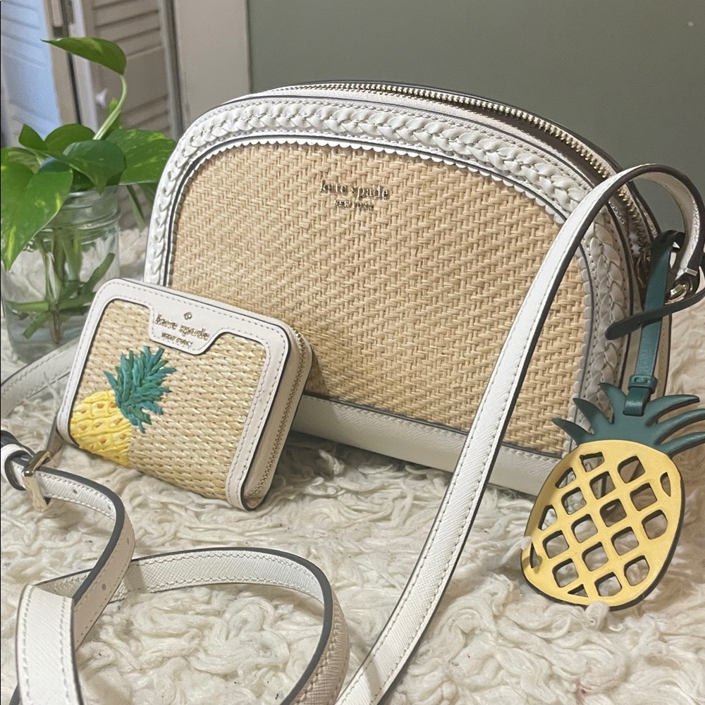 Kate Spade NewWoven Tan and White Crossbody Bag with Pineapple Charm and WALLET